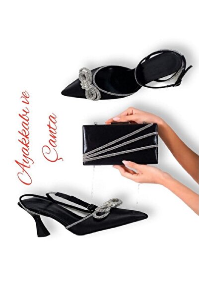 BAKGİY Μαύρο σατέν γυναικείο σετ με πέτρινο φιόγκο, βραδινά παπούτσια και τσά...