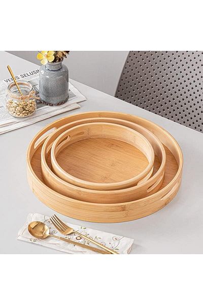 morponi 3-Piece Bamboo Luxury Serving Tray 3 Sizes Tea-Coffee Presentation Tray Round