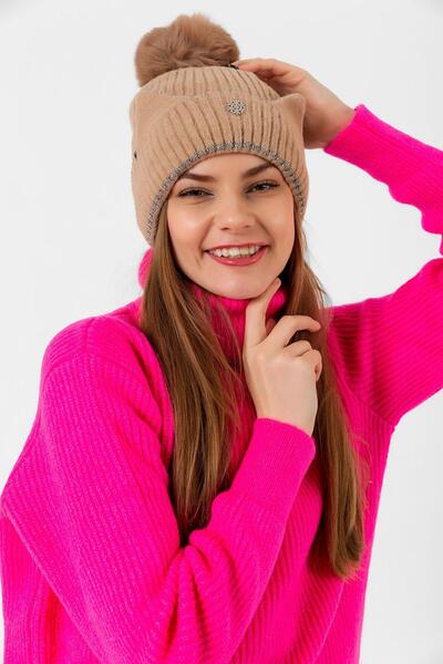 Axesoire 14509 Vizon İçi Polarlı Kar Tanesi Detaylı Tavşan Ponponlu Bere