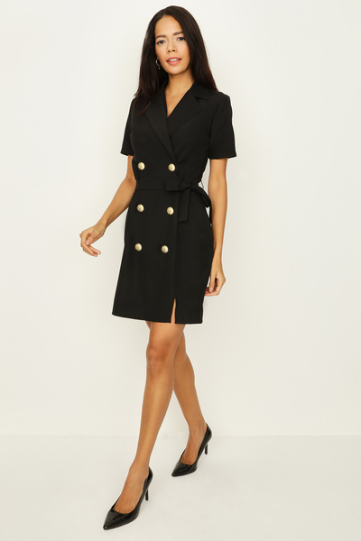Select Moda Γυναικείο φόρεμα με μαύρο κουμπί με λεπτομέρεια ζωσμένο σακάκι