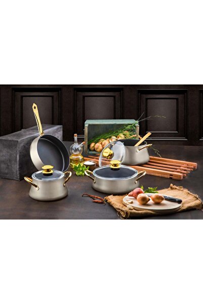Evimsaray Dora 7 Parça Tencere Seti Krem Gold
