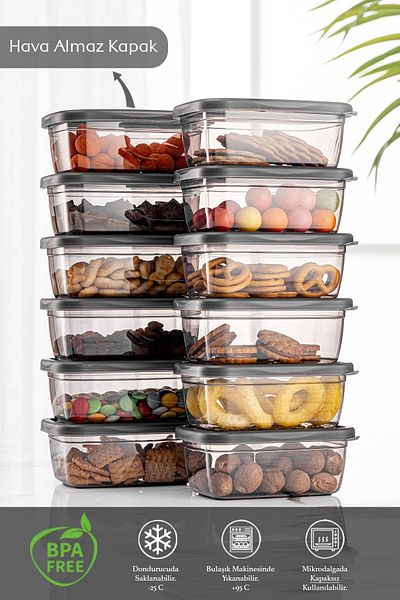 Meleni Home Set of 12 Practical Box - Rectangular Storage Container with Lid - Spice Bowl Breakfast Snack Bowl 12x380ml