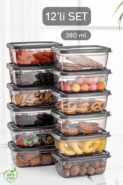 Meleni Home Set of 12 Practical Box - Rectangular Storage Container with Lid - Spice Bowl Breakfast Snack Bowl 12x380ml