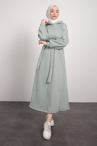 Lamia Giyim Hooded Mobile Belted Hijab Dress Water Green