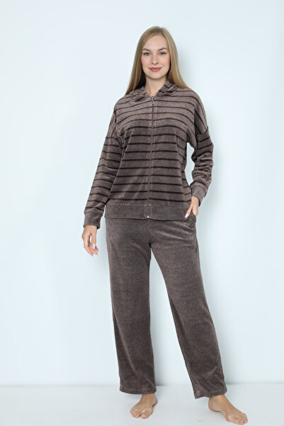 İntensive Γυναικείο σετ αθλητικής φόρμας με ριγέ τσέπες με κουκούλα και φερμουάρ από βαμβακερό βελούδο