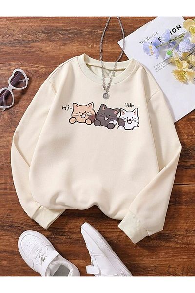 Machetta Unisex Hello 3 Cat Printed Oversize Φούτερ με κουκούλα
