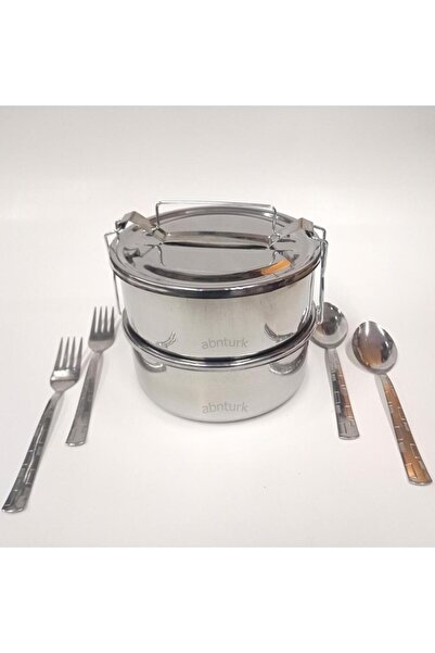 abnturk 2 Kaşık 2 Çatal Hediyeli Çelik Sefer Tası 17x7cm 2-3 Kişilik Yemek Ta...