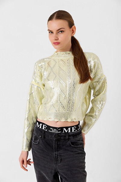 Benedetto Kadın Standart Gold Varaklı Yırtık Detaylı Triko Kazak