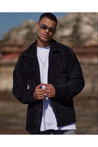 Baycombine35 Men's Black Plush Buttoned Jacket