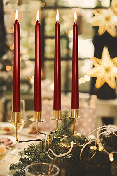 Ovem 4'Lü Paket Metalik Kırmızı Şamdan Mum 25 Cm