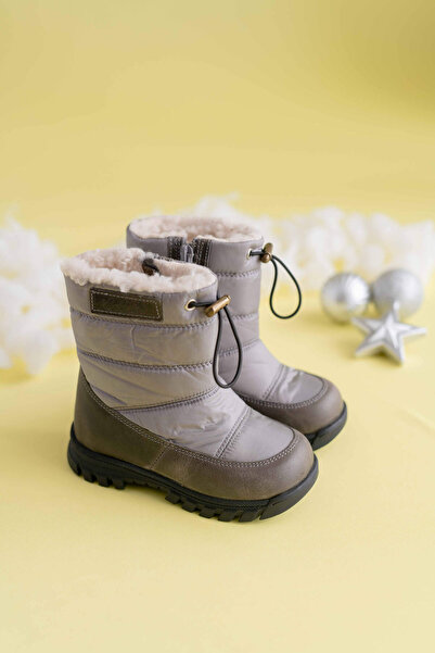 Bebbini Kürklü - Suya Dayanıklı Gri Deri Çocuk Çizmesi