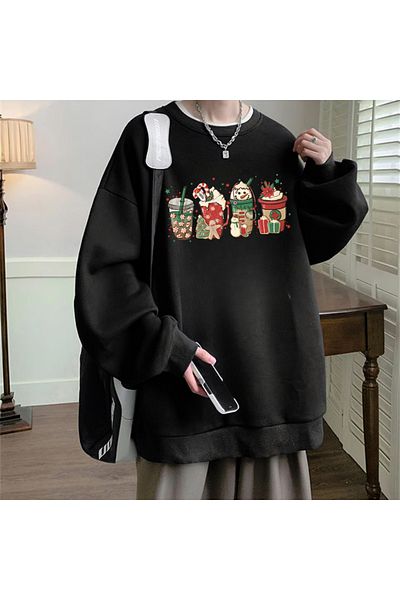 Toum Magnaqia Happy Christmas Printed Black Unisex Oversize Crew Neck Sweatshirt