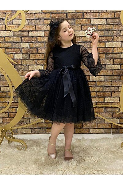 Mashotrend Dantelli Siyah Mini Puantiyeli Kurdelalı Tül Elbise - Tül Abiye - ...