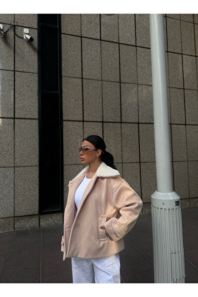 JaMolls peluş yaka düğmeli trend yumuşak kaşe kısa bol oversize kesim kaban mont