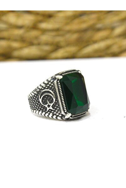 bymissmücevherat 925 Ayar Gümüş Ay Yıldız Desenli Kare Yeşil Taşlı Erkek Yüzük