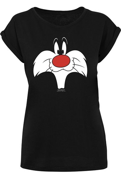 F4NT4STIC Damen Looney Tunes Sylvester Big Face-BLK mit Ladies Extended Shoulder Tee