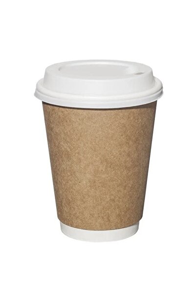 Miopack Karton Kağıt Bardak 14oz 350ml Kraft Çift Katlı Beyaz Kapaklı 50 Adet