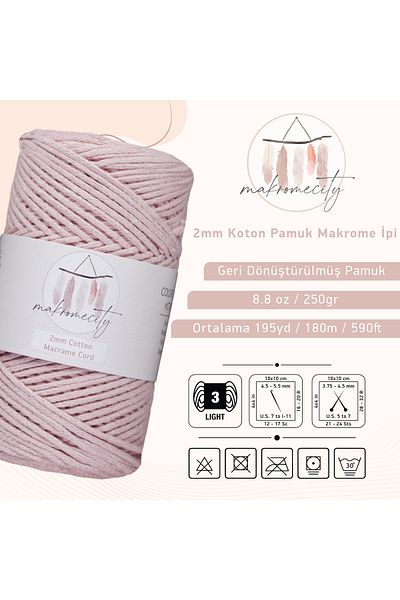 Makromecity Premium Koton Μακραμέ Νήμα Μικρού Ροζ 200 γρ 150 Γιαρντ 2mm Βαμβακερό Μακραμέ Νήμα Τσάντας Νήμα Supla