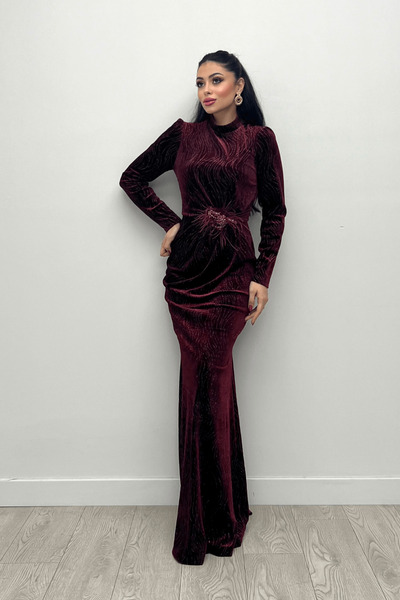 giyimmasalı فستان سهرة من القماش المخملي اللامع - أحمر كلاريت