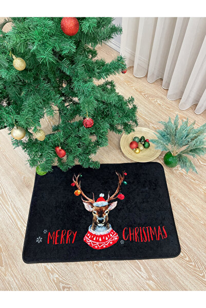 Brillant Christmas Yılbaşı Temalı Lateks Kaymaz Taban Kapı Önü Paspası Siyah (EBAT 60X90)