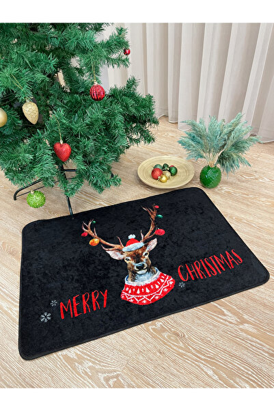 Brillant Christmas Yılbaşı Temalı Lateks Kaymaz Taban Kapı Önü Paspası Siyah (EBAT 60X90)