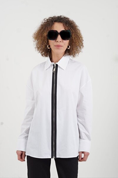 Zelish My Sister Contrast Black Zipper Striped Shirt