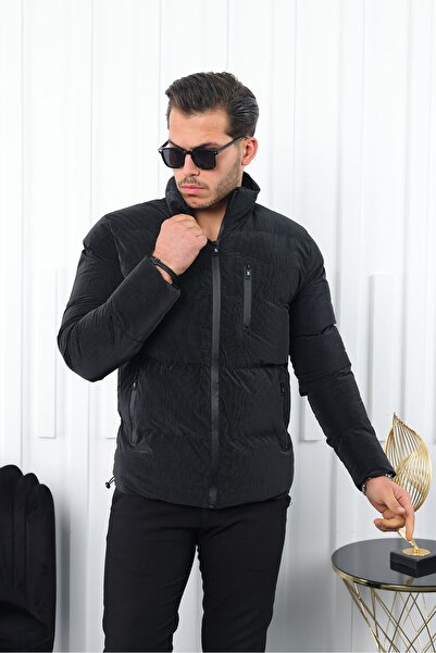 DESTINY GİYİM Erkek Siyah Yakası Kürklü Deri Şişme Mont