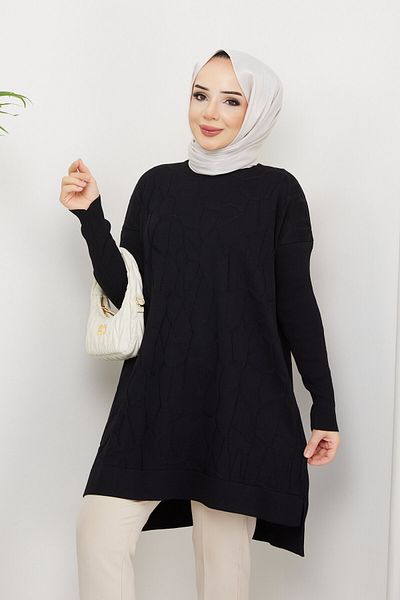 Pamuk Butik Pulover de damă cu model din pânză de păianjen mercerizat, tunică neagră