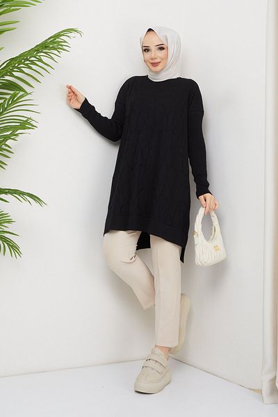 Pamuk Butik Pulover de damă cu model din pânză de păianjen mercerizat, tunică neagră