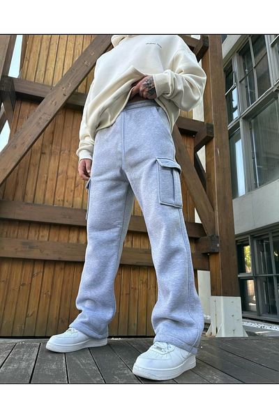 FİTGO Gray Oversize Straight Leg Sweatpants with Cargo Pockets