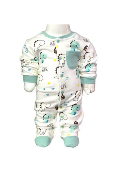Aziz Bebe Cute Dino Patterned Jumpsuit with Snap Feet (with Booties) Size 0-3-6 Months