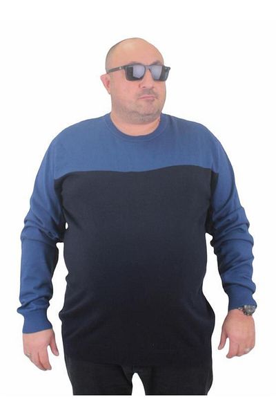 Starbattal Men's Large Size Crew Neck Double Color Knitwear Sweater 23751 INDIGO
