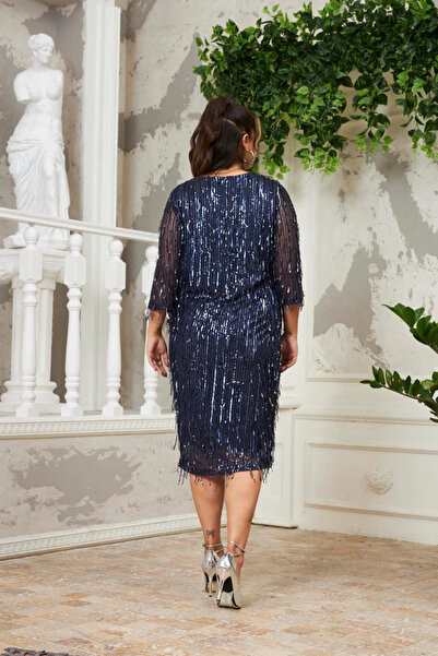 RMG V Yaka Pul Payet Saçaklı Büyük Beden Abiye Elbise