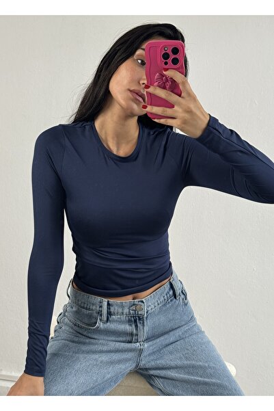 minaaise Lacivert Bisiklet Yaka Uzun Kollu Slimfit Basic Body 26286