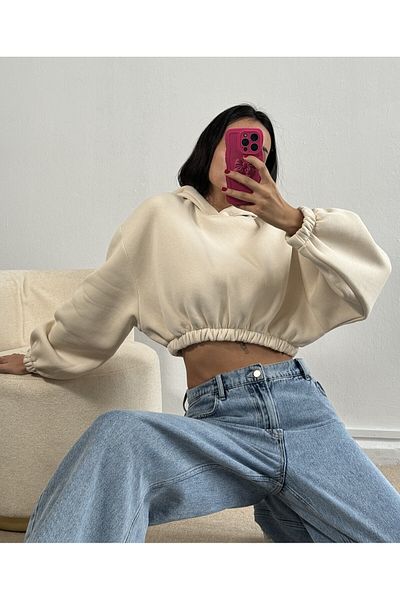 minaaise Wide Cut Ecru Crop Sweatshirt Hooded Hooded - 26260