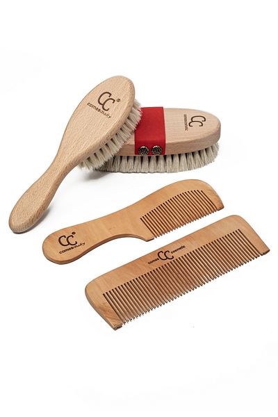 ComesBaby 4-Piece Mother Baby Set Goat Hair Hair Brush + Cellulite Brush + Natural Comb Set (Handle + Corner)