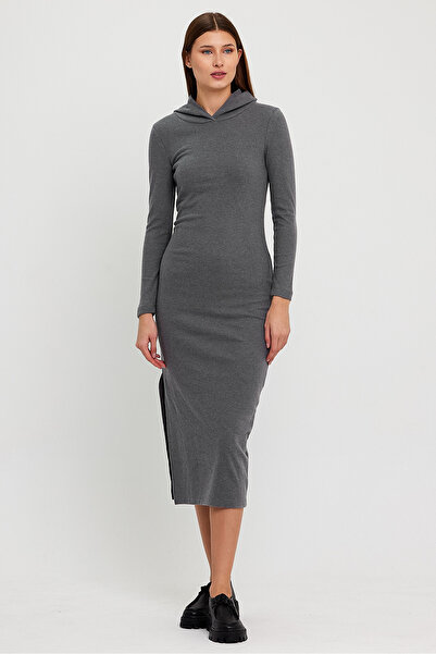 Avones Yumoş Quality Hooded Slit Pencil Dress Dark Gray