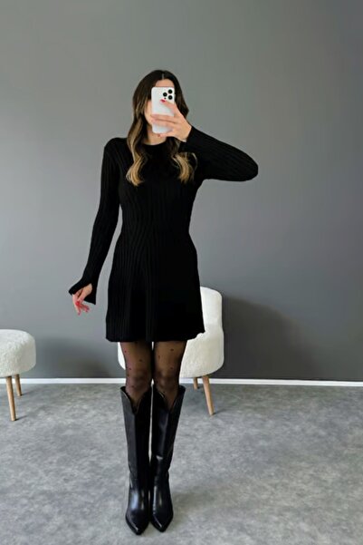 FMN Moda dámské černé mini délka úplet žebrované šaty zvonová sukně pinterest crew neck