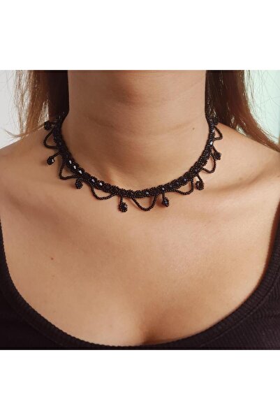 Handmade By HLY El Yapımı Siyah Kristal Taşlı Sallantılı Bijuteri Kolye
