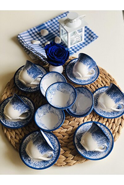 Den Tasarım Hediyelik Dentadesign Gift Blue Set of 6 Turkish Coffee Cups and Ceramic Set of 6 Snacks