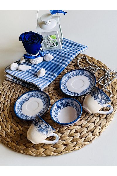 Den Tasarım Hediyelik Blue Marine Ceramic 2-Piece Coffee Cup Set and Turkish Delight Bowl
