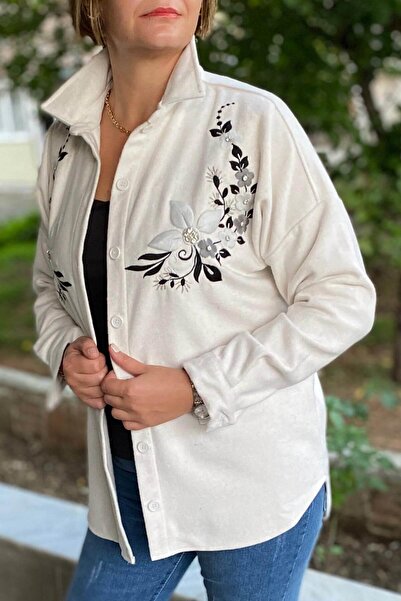 Mia Butik سترة قميص نسائية مطرزة بختم كريمي