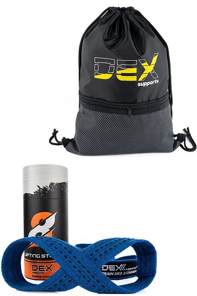 Dex Supports Lasting Energy Blue 8 Loop Weight Lifting Strap & Gym Bag Sackpack - Pack of 2