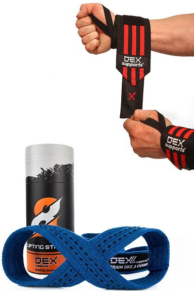 Dex Supports Lasting Energy Blue Sportsman Bracelet Wrist Wraps + Weight Lifting Strap - 8 Loop Lifting Straps Pack of 2
