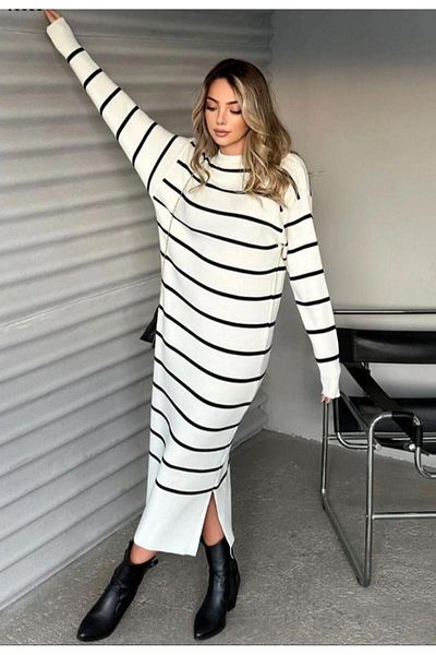 rengamoda Rochie de damă cu fantă laterală, cu potrivire confortabilă, cu dungi lungi (culoare)