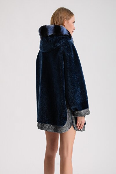 Leather Club Petrol Mavi Rex Aksesuarlı Deri Garnili Çift Taraflı Astragan Kürk Kaban