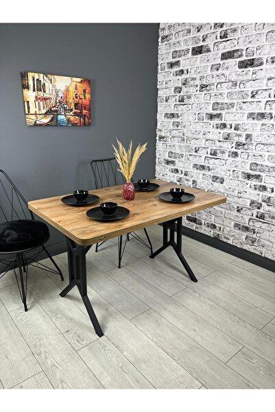 hey Sultan Ceviz Mutfak Yemek Masası Balkon Masası Kavisli Köşe Metal Siyah Ayak 120*80 Cm