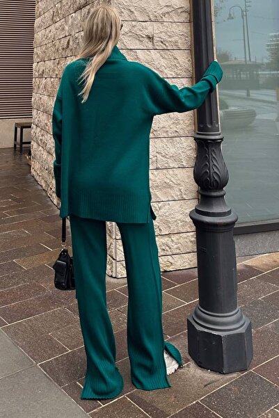 lovebox Oversize Fit garbó hosszú ujjú zöld pulóver és magas derekú zöld kötöttáru nadrágkosztüm 003