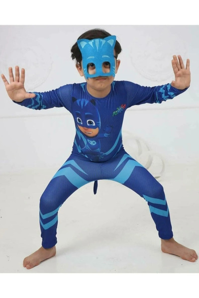 Pj Maskeliler زي القطة المطبوعة مسبقًا من Pj Mask - بذلة Catboy + مجموعة قناع
