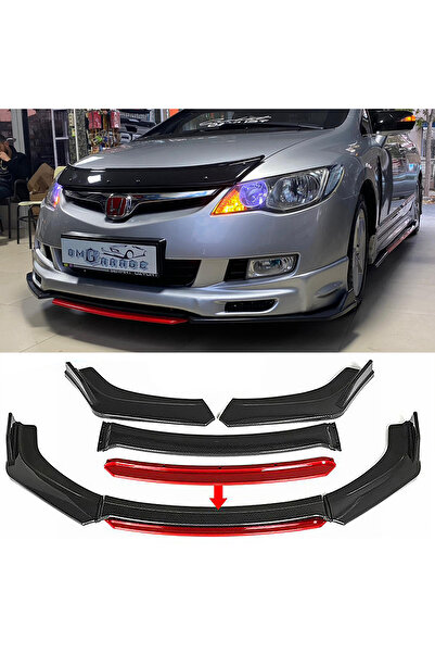 MKG Otomotiv Honda Civic FD6 Kırmızı Renkli Şeritli Dilli Ön Lip 4 Prç Parlak...